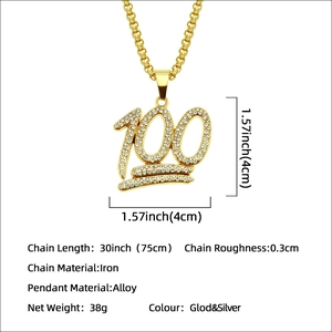 Hip hop gold necklace featuring a sparkling 100 emoji pendant with white zircon stones