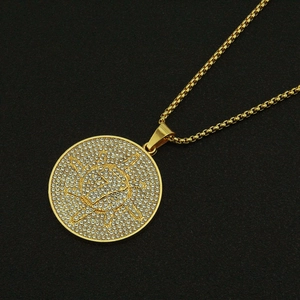 Hip hop iced out gold round sunburst pendant necklace with cubic zirconia