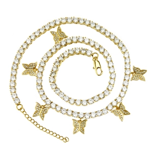 Detail of gold hip hop tennis chain with crystal butterfly pendants and lobster clasp