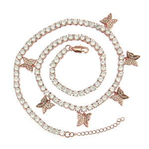 Rose gold butterfly tennis necklace with micro-pave zircons in spiral display