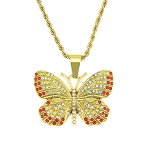 Detail der goldene Schmetterling-Halskette mit roten und weißen Kristallen