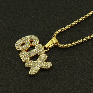Hip hop style gold 924 number pendant necklace with icy rhinestones and box chain