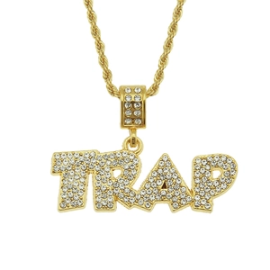 Hip hop TRAP pendant necklace with sparkling pavé zircons and golden rope chain
