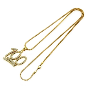 Gold hip hop chain with iced out number 100 pendant and shimmering crystal accents