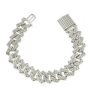 Detail of 15mm silver cuban link bracelet with pave-set cubic zirconia and square clasp