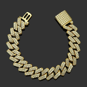 Luxurious 15mm gold-plated Cuban chain bracelet with fully paved zircon geometric links