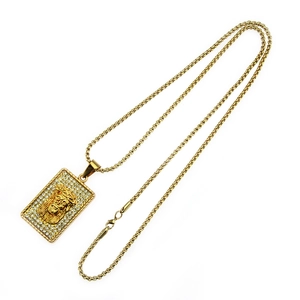 Hip hop style gold Jesus pendant necklace with shimmering crystals and round box chain