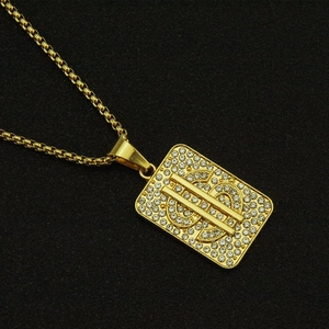 Men's gold-plated military dog tag necklace with crystal-studded dollar sign pendant