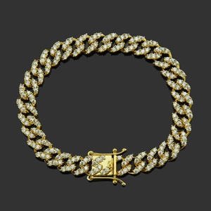 Bracelet gourmette cubaine dorée serti de zircons brillants pour un look hip-hop