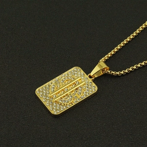 Men's hip hop military tag necklace featuring iced out dollar sign and golden chain