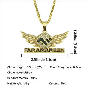 Hip hop gold necklace featuring iced-out angel wings pendant with Faramareen engraving