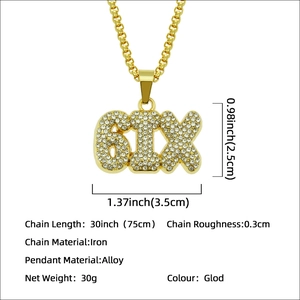 Hip hop 6IX iced out pendant necklace with golden box chain and white crystal diamonds