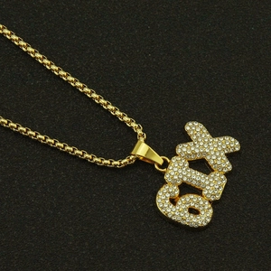 Hip hop gold plated box chain necklace with iced out SIX letter pendant for men and women