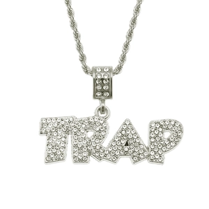 Hip hop silver TRAP letter pendant necklace with sparkling crystal rhinestones and rope chain