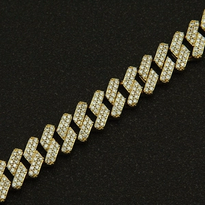 Men's gold plated 15mm rhombic Cuban link bracelet with micro paved cubic zirconia stones