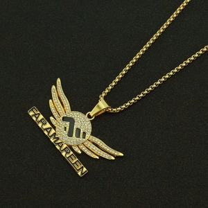 Hip hop style gold necklace with diamond-encrusted angel wings and letter pendant