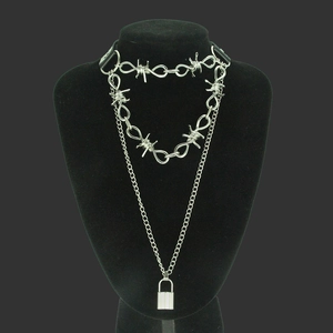 Gothic punk black leather choker with barbed wire link and silver padlock pendant