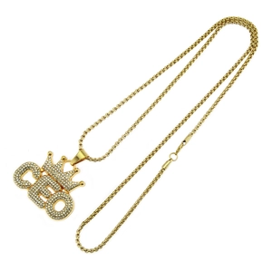 Collier hip hop doré avec pendentif couronne CEO et strass blancs étincelants