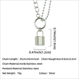 Polished silver stainless steel lock pendant with layered curb and bead chain necklace