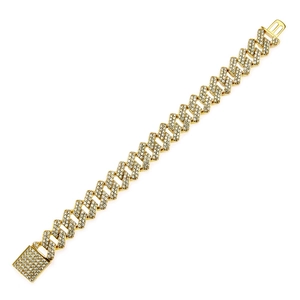 Hip hop style gold plated 15mm cuban chain bracelet with pavé cubic zirconia