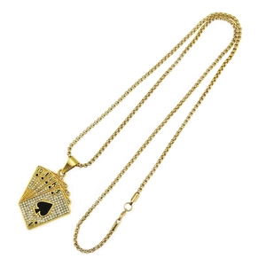 Collier hip hop avec pendentif Poker Royal Flush doré serti de strass pour hommes