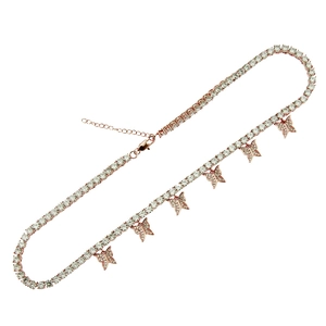 Detail view of rose gold butterfly tennis necklace with micro-pave zirconia and lobster clasp