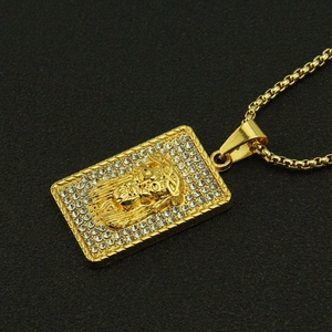 Hip hop gold Jesus head rectangle pendant necklace with iced out crystals for men