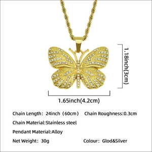 Iced-Out Schmetterling Anhänger Halskette Gold mit Edelstahl-Kordelkette für Herren