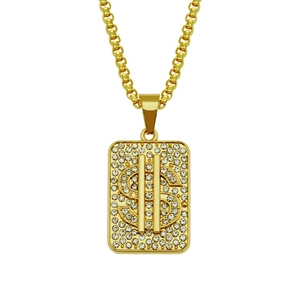 Hip Hop Gold Color Alloy Pave Rhinestone Dollar Sign Pendant Necklace For Men Box Chain Fashion Jewelry Gift