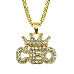 Collier Hip Hop Pendentif Lettre CEO Couronne Alliage de Zinc Incrusté de Strass Chaîne Vénitienne Plaqué Or Argent Homme Femme Bijoux