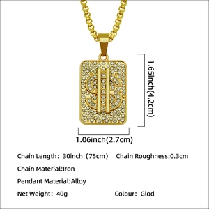 Hip hop gold dollar sign necklace with sparkling crystals and 75cm chain for men