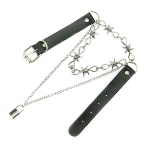 Punk style black leather choker with layered barbed wire chains and mini padlock pendant