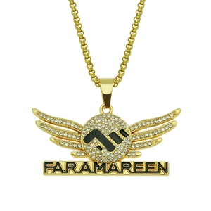 Hip hop style gold angel wings necklace with FARAMAREEN engraved and CZ stones