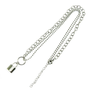 Polished stainless steel padlock pendant necklace featuring layered cable and bead chains