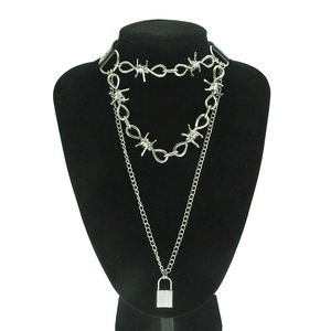 Punk Gothic Black PU Leather Collar Choker Thorn Barbed Wire Chain Necklace With Silver Alloy Lock Pendant For Women Men