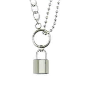 Neutral Double Layer Stainless Steel Iron Padlock Pendant Necklace Hip Hop Punk Silver Bead Chain Cable Chain Choker Jewelry