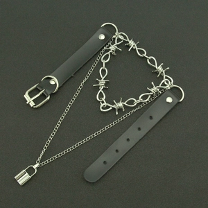 Punk black leather choker with thorn chain, metal rings, and a mini lock pendant