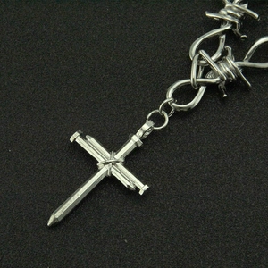 British style punk barbed wire necklace with silver thorn cross pendant for men and women