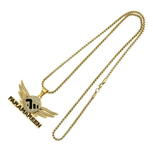 Hip hop gold necklace featuring iced-out angel wings pendant with Faramareen engraving
