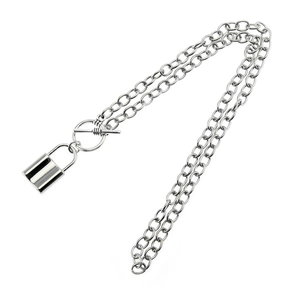 Silver padlock necklace with O-chain and vintage toggle clasp in industrial street style