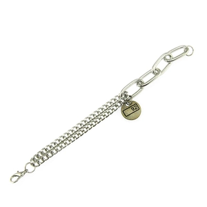Silver stainless steel Cuban link bracelet with a circular number 92 engraved charm