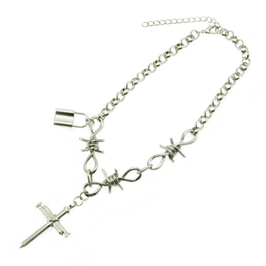 British punk style silver necklace with barbed wire chain and nail cross pendant