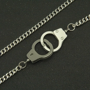 Silver punk style handcuffs pendant necklace with polished metal Cuban chain for students