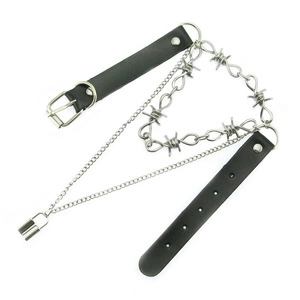 Gothic black leather thigh ring featuring thorn chain and silver lock pendant accessory