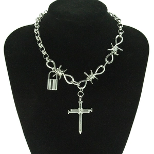 Gothic Punk Silver Alloy Iron Cross Lock Pendant Necklace For Women Barbed Wire Thorn Chain Clavicle Choker Jewelry Gift