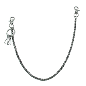 Detail of punk metal trouser chain with lobster clasps, key ring and small spring hooks