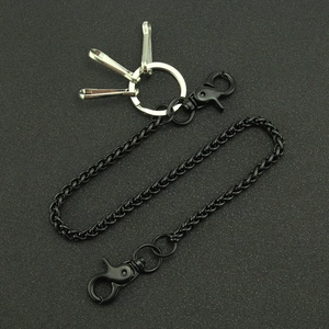 Close-up of black electroplated punk wallet chain with metal lobster clasps and ring hooks