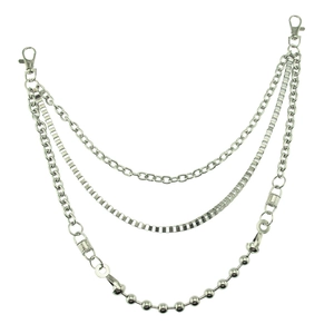 Three-layer silver punk waist chain with lobster clasps for hip-hop and rock style pants