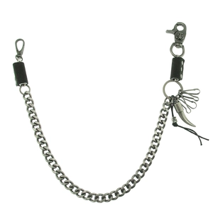 Punk gunmetal skull wallet chain with heavy links and leather accents on white background