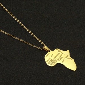 Gold stainless steel necklace featuring an Africa map pendant with engraved city names